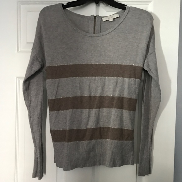 LOFT Shimmery Grey and Tan Striped Sweater - Picture 2 of 4